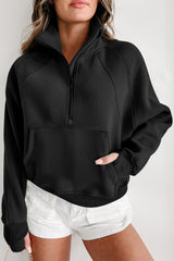 Black Fleece Lined Zip Up Stand Collar Thumbhole Sleeve Sweatshirt - Haya Henderson