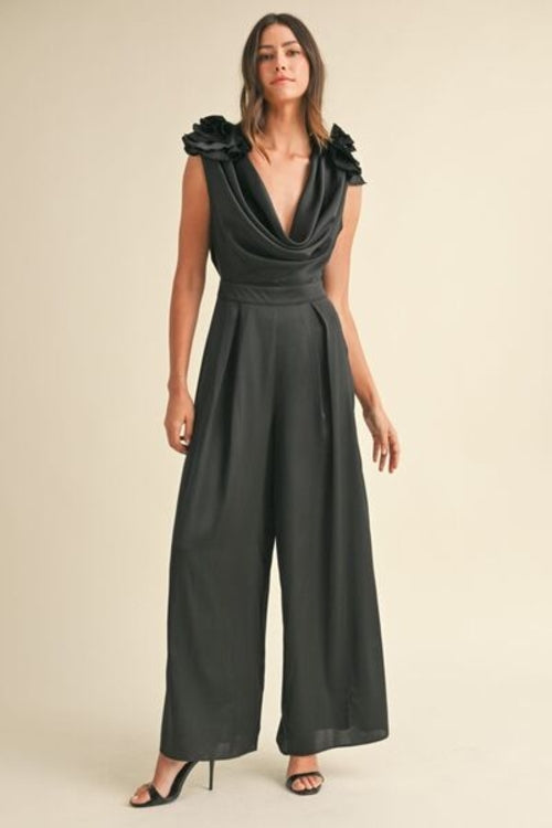 MABLE 3D Floral Applique Deep Cowl Neck Jumpsuit - Haya Henderson
