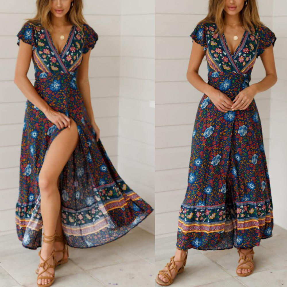 Womens Wrap Style V Neck Floral Maxi Dress - Haya Henderson