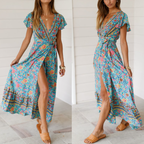 Womens Wrap Style V Neck Floral Maxi Dress - Haya Henderson