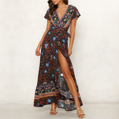 Womens Wrap Style V Neck Floral Maxi Dress - Haya Henderson